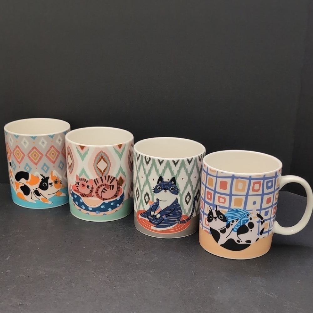 Stokes Set Of 4 Colorful Bone China Mug Set with Cat Designs.
